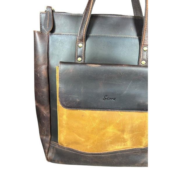 S-Zone Genuine Leather Backpack Tote Bag Brown Yellow Laptop Satchel Travel Work - Picture 2 of 16